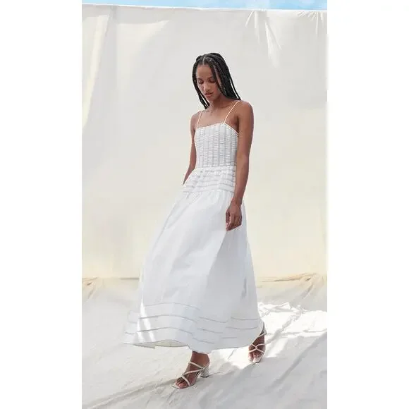 SAYLOR White Delicate Pinstriped 100% Cotton Square Neck Adalene Dress Small